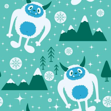 Kış canavarları, kağıt, kumaş, çarşaf ve çocuk giysileri baskısı ve yeni yıl ambalajı için kusursuz Noel Yeti desenleri. Yüksek kaliteli illüstrasyon