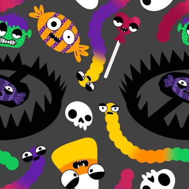 Cadılar Bayramı şekerleri kağıt, kumaş, çarşaf ve çocuk giysileri baskısı ve sonbahar partisi aksesuarları için kusursuz canavar yüzü deseni. Yüksek kaliteli illüstrasyon