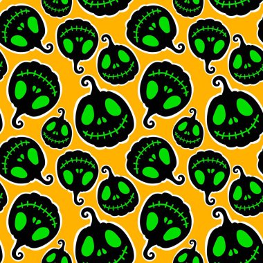 Cadılar Bayramı balkabakları kağıt, kumaş, çarşaf, çocuk giysisi baskısı, şenlik ambalajı ve sonbahar partisi aksesuarları için kusursuz canavar desenleri. Yüksek kaliteli illüstrasyon