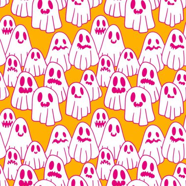 Cadılar Bayramı hayaletleri kağıt, kumaş, çarşaf ve çocuk giysileri baskısı, ambalaj ve şenlikli aksesuarlar için kusursuz çizgi film desenleri. Yüksek kaliteli illüstrasyon