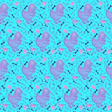 Çizgi filmlerdeki hayvanlar kağıt, kumaş, çarşaf, çocuk giysisi baskısı ve anaokulu parti aksesuarları için kusursuz dinozor desenleri. Yüksek kaliteli illüstrasyon