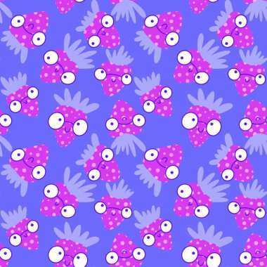 Doğum günü kağıtları, kumaşlar, çarşaflar ve çocuk giysileri baskıları ve moda tekstili için tatlı çizgi film yaz meyvesiz çilek deseni. Yüksek kaliteli illüstrasyon