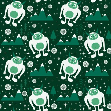 Kış canavarları, kağıt, kumaş, çarşaf ve çocuk giysileri baskısı ve yeni yıl ambalajı için kusursuz Noel Yeti desenleri. Yüksek kaliteli illüstrasyon