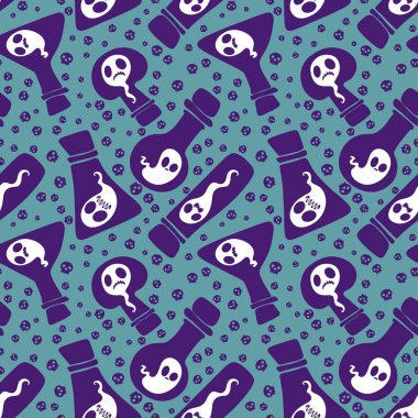 Cadılar Bayramı canavarları kusursuz hayalet ve cadı şişesi desenli ambalaj kağıtları, kumaşlar ve çarşaflar ve çocuk giysileri baskısı ve sonbahar partisi aksesuarları ve moda tekstil ürünleri. Yüksek kaliteli illüstrasyon