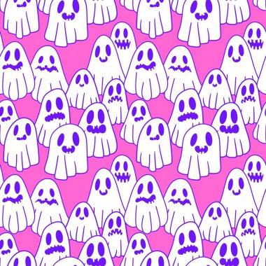 Cadılar Bayramı hayaletleri kağıt, kumaş, çarşaf ve çocuk giysileri baskısı, ambalaj ve şenlikli aksesuarlar için kusursuz çizgi film desenleri. Yüksek kaliteli illüstrasyon