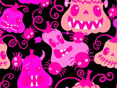 Cadılar Bayramı balkabakları kağıt, kumaş, çarşaf, çocuk giysisi baskısı, şenlik ambalajı ve sonbahar partisi aksesuarları için kusursuz canavar desenleri. Yüksek kaliteli illüstrasyon