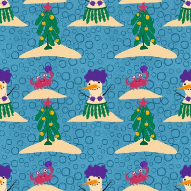 Noel 'i plajsız kardan adam ve kum desenli ambalaj kağıdı, kumaş, çarşaf ve çocuk giysileri baskısı ve yeni yıl partisi aksesuarları için. Yüksek kaliteli illüstrasyon