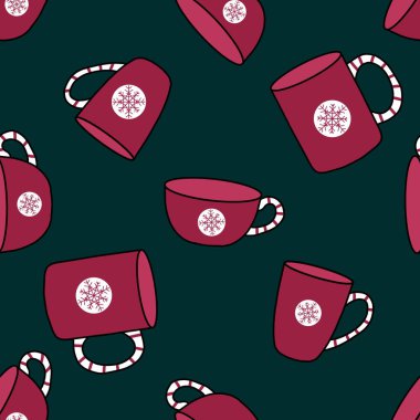 Noel bardakları kumaş, çarşaf ve çocuk kıyafetleri ve yeni yıl partisi aksesuarları için kusursuz kış kupaları deseni. Yüksek kaliteli illüstrasyon