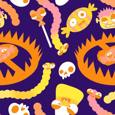 Halloween candy seamless monster face pattern for wrapping paper and fabrics and linens and kids clothes print and autumn party accessories. High quality illustration clipart