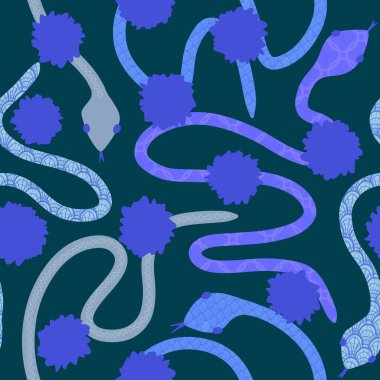 Yaz çizgi filmlerindeki kusursuz yılan desenli ambalaj kağıtları, kumaşlar, çarşaflar, çocuk giysileri baskısı ve yeni yıl, bayram ambalajları ve hayvanat bahçesi aksesuarları. Yüksek kaliteli illüstrasyon