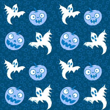 Cadılar Bayramı balkabakları kağıt, kumaş, çarşaf, çocuk giysisi baskısı, şenlik ambalajı ve sonbahar partisi aksesuarları için kusursuz canavar desenleri. Yüksek kaliteli illüstrasyon