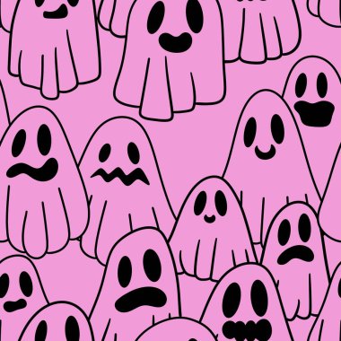 Cadılar Bayramı hayaletleri kağıt, kumaş, çarşaf ve çocuk giysileri baskısı, ambalaj ve şenlikli aksesuarlar için kusursuz çizgi film desenleri. Yüksek kaliteli illüstrasyon