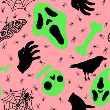 Cadılar Bayramı hayaletleri kağıt, kumaş, çarşaf ve çocuk giysileri baskısı, ambalaj ve şenlikli aksesuarlar için kusursuz çizgi film desenleri. Yüksek kaliteli illüstrasyon