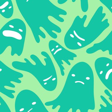 Cadılar Bayramı hayaletleri kağıt, kumaş, çarşaf ve çocuk giysileri baskısı, ambalaj ve şenlikli aksesuarlar için kusursuz çizgi film desenleri. Yüksek kaliteli illüstrasyon