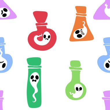 Cadılar Bayramı canavarları kusursuz hayalet ve cadı şişesi desenli ambalaj kağıtları, kumaşlar ve çarşaflar ve çocuk giysileri baskısı ve sonbahar partisi aksesuarları ve moda tekstil ürünleri. Yüksek kaliteli illüstrasyon