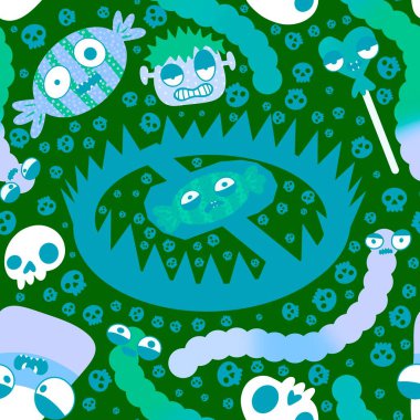 Cadılar Bayramı şekerleri kağıt, kumaş, çarşaf ve çocuk giysileri baskısı ve sonbahar partisi aksesuarları için kusursuz canavar yüzü deseni. Yüksek kaliteli illüstrasyon