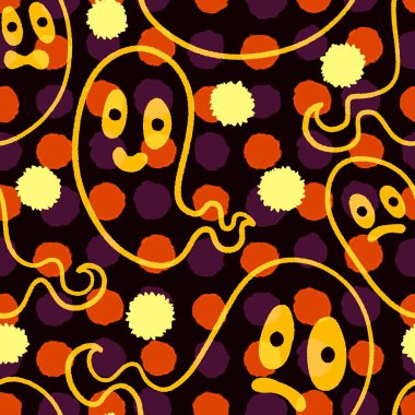 Cadılar Bayramı hayaletleri kağıt, kumaş, çarşaf ve çocuk giysileri baskısı, ambalaj ve şenlikli aksesuarlar için kusursuz çizgi film desenleri. Yüksek kaliteli illüstrasyon