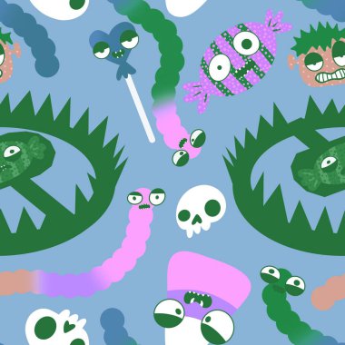 Cadılar Bayramı şekerleri kağıt, kumaş, çarşaf ve çocuk giysileri baskısı ve sonbahar partisi aksesuarları için kusursuz canavar yüzü deseni. Yüksek kaliteli illüstrasyon