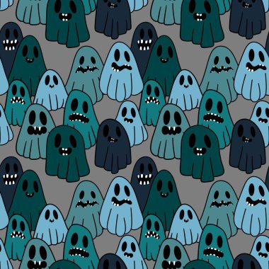 Cadılar Bayramı hayaletleri kağıt, kumaş, çarşaf ve çocuk giysileri baskısı, ambalaj ve şenlikli aksesuarlar için kusursuz çizgi film desenleri. Yüksek kaliteli illüstrasyon