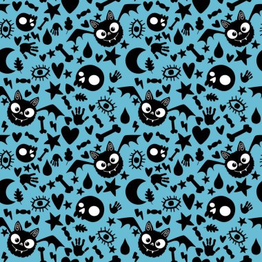 Cadılar Bayramı hayvanları, kağıt, kumaş, çarşaf ve çocuk giysileri baskısı ve sonbahar partisi aksesuarları için vampir desenleri oluşturur. Yüksek kalite fotoğraf