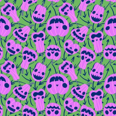 Cadılar Bayramı balkabakları kağıt, kumaş, çarşaf, çocuk giysisi baskısı, şenlik ambalajı ve sonbahar partisi aksesuarları için kusursuz canavar desenleri. Yüksek kaliteli illüstrasyon