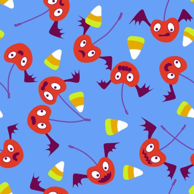 Cadılar Bayramı canavarları, kumaş, çarşaf ve çocuk giysileri baskısı ve sonbahar partisi aksesuarları için kanat desenli vişneli vişneli vampirler. Yüksek kaliteli illüstrasyon