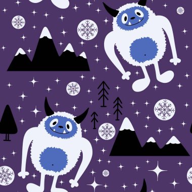 Kış canavarları, kağıt, kumaş, çarşaf ve çocuk giysileri baskısı ve yeni yıl ambalajı için kusursuz Noel Yeti desenleri. Yüksek kaliteli illüstrasyon