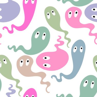 Cadılar Bayramı hayaletleri kağıt, kumaş, çarşaf ve çocuk giysileri baskısı, ambalaj ve şenlikli aksesuarlar için kusursuz çizgi film desenleri. Yüksek kaliteli illüstrasyon