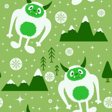 Kış canavarları, kağıt, kumaş, çarşaf ve çocuk giysileri baskısı ve yeni yıl ambalajı için kusursuz Noel Yeti desenleri. Yüksek kaliteli illüstrasyon