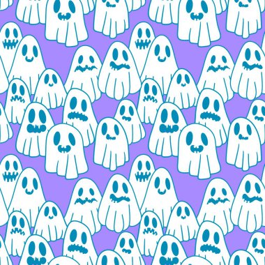 Cadılar Bayramı hayaletleri kağıt, kumaş, çarşaf ve çocuk giysileri baskısı, ambalaj ve şenlikli aksesuarlar için kusursuz çizgi film desenleri. Yüksek kaliteli illüstrasyon