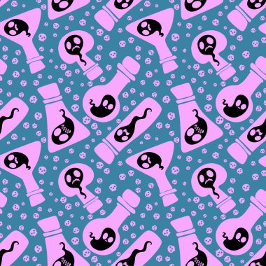 Cadılar Bayramı canavarları kusursuz hayalet ve cadı şişesi desenli ambalaj kağıtları, kumaşlar ve çarşaflar ve çocuk giysileri baskısı ve sonbahar partisi aksesuarları ve moda tekstil ürünleri. Yüksek kaliteli illüstrasyon