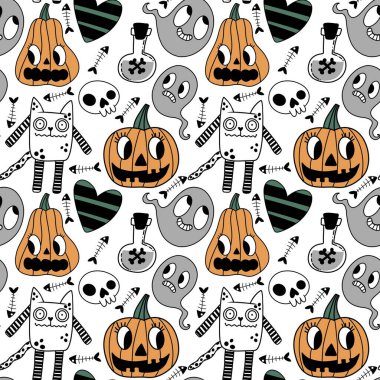 Cadılar Bayramı hayvanları kağıt, kumaş, çarşaf ve çocuk kıyafetleri ve parti aksesuarları için kusursuz kedi desenleri. Yüksek kaliteli illüstrasyon