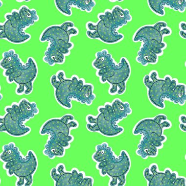 Çizgi filmlerdeki hayvanlar kağıt, kumaş, çarşaf, çocuk giysisi baskısı ve anaokulu parti aksesuarları için kusursuz dinozor desenleri. Yüksek kaliteli illüstrasyon