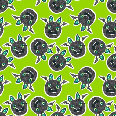 Cadılar Bayramı canavarları kusursuz sevimli anime yarasaları kağıt, kumaş, çarşaf ve çocuk giysileri baskısı ve sonbahar partisi aksesuarları için desenlidir. Yüksek kaliteli illüstrasyon