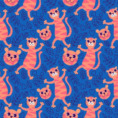 Çizgi filmlerdeki hayvanlar ambalaj kağıdı için kusursuz vahşi kaplan desenleri ve çocuk kıyafetleri, tekstil ürünleri ve yaz partisi aksesuarları. Yüksek kaliteli illüstrasyon