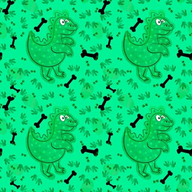 Çizgi filmlerdeki hayvanlar kağıt, kumaş, çarşaf, çocuk giysisi baskısı ve anaokulu parti aksesuarları için kusursuz dinozor desenleri. Yüksek kaliteli illüstrasyon