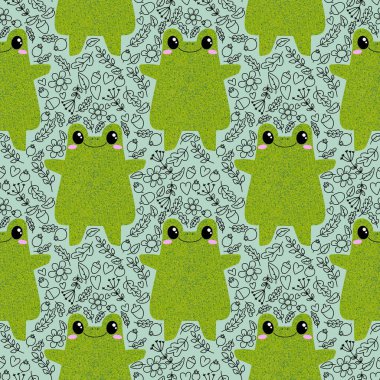 Çizgi film hayvanları kağıt, kumaş, çarşaf, çocuk giysisi baskısı, yaz partisi aksesuarları ve anaokulu tekstili için kusursuz şirin kurbağa desenleri. Yüksek kaliteli illüstrasyon