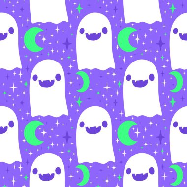 Cadılar Bayramı hayaletleri kağıt, kumaş, çarşaf ve çocuk giysileri baskısı, ambalaj ve şenlikli aksesuarlar için kusursuz çizgi film desenleri. Yüksek kaliteli illüstrasyon