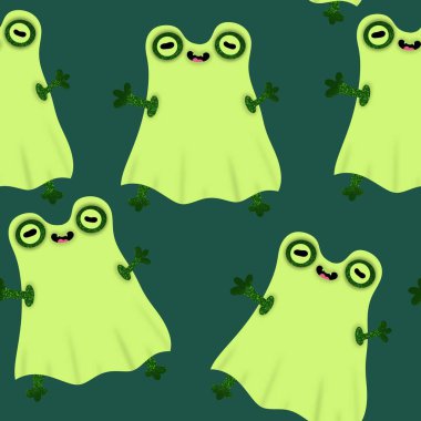 Cadılar Bayramı hayvanları hayalet kostümü giymiş kusursuz kurbağalar kağıt, kumaş, çarşaf ve çocuk giysisi baskısı için. Yüksek kaliteli illüstrasyon