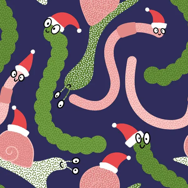 Noel hayvanlarının dikişsiz solucanları ve Noel Baba şapkası desenleri keten kumaşlar ve çocuk giysileri baskısı ve yeni yıl partisi aksesuarları ve kış ambalajları. Yüksek kaliteli illüstrasyon