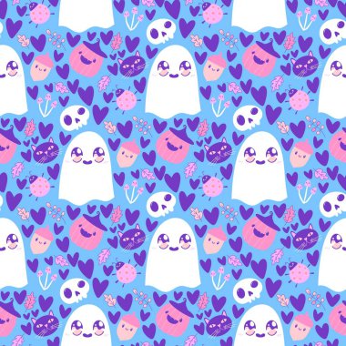 Cadılar Bayramı hayaletleri kağıt, kumaş, çarşaf ve çocuk giysileri baskısı, ambalaj ve şenlikli aksesuarlar için kusursuz çizgi film desenleri. Yüksek kaliteli illüstrasyon