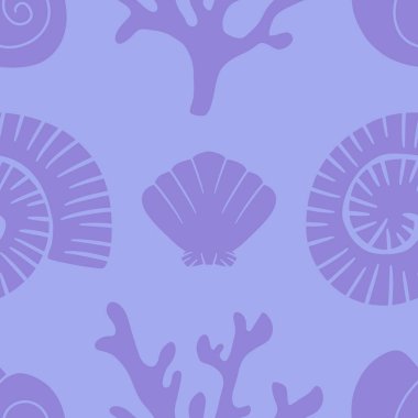 Okyanussuz deniz kabuğu ve ambalaj kağıdı için mercan deseni ve çocuk giysileri, tekstil ürünleri ve yaz partisi aksesuarları. Yüksek kaliteli illüstrasyon