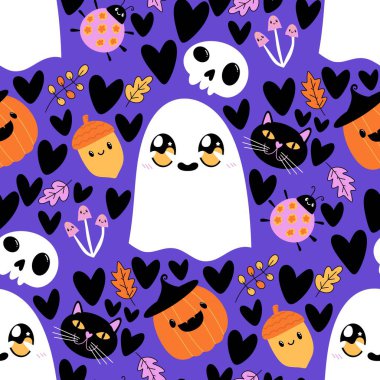 Cadılar Bayramı hayaletleri kağıt, kumaş, çarşaf ve çocuk giysileri baskısı, ambalaj ve şenlikli aksesuarlar için kusursuz çizgi film desenleri. Yüksek kaliteli illüstrasyon