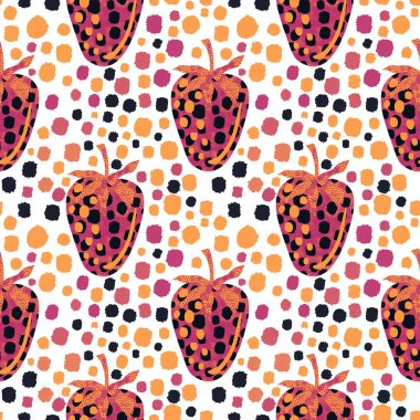 Doğum günü kağıtları, kumaşlar, çarşaflar ve çocuk giysileri baskıları ve moda tekstili için tatlı çizgi film yaz meyvesiz çilek deseni. Yüksek kaliteli illüstrasyon