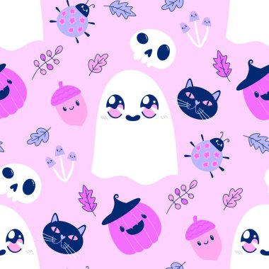 Cadılar Bayramı hayaletleri kağıt, kumaş, çarşaf ve çocuk giysileri baskısı, ambalaj ve şenlikli aksesuarlar için kusursuz çizgi film desenleri. Yüksek kaliteli illüstrasyon