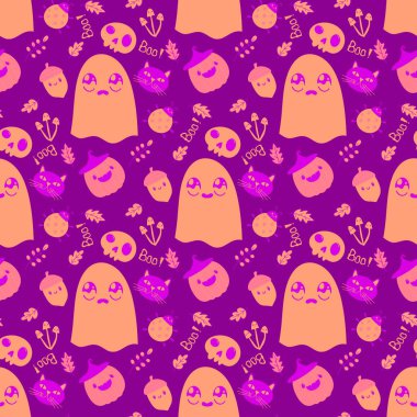 Cadılar Bayramı hayaletleri kağıt, kumaş, çarşaf ve çocuk giysileri baskısı, ambalaj ve şenlikli aksesuarlar için kusursuz çizgi film desenleri. Yüksek kaliteli illüstrasyon