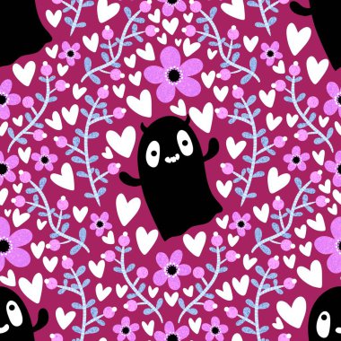 Cadılar Bayramı hayaletleri kağıt, kumaş, çarşaf ve çocuk giysileri baskısı, ambalaj ve şenlikli aksesuarlar için kusursuz çizgi film desenleri. Yüksek kaliteli illüstrasyon