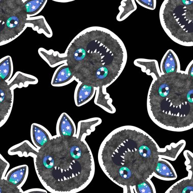 Cadılar Bayramı canavarları kusursuz sevimli anime yarasaları kağıt, kumaş, çarşaf ve çocuk giysileri baskısı ve sonbahar partisi aksesuarları için desenlidir. Yüksek kaliteli illüstrasyon