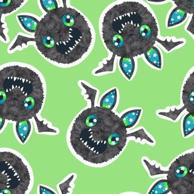 Cadılar Bayramı canavarları kusursuz sevimli anime yarasaları kağıt, kumaş, çarşaf ve çocuk giysileri baskısı ve sonbahar partisi aksesuarları için desenlidir. Yüksek kaliteli illüstrasyon