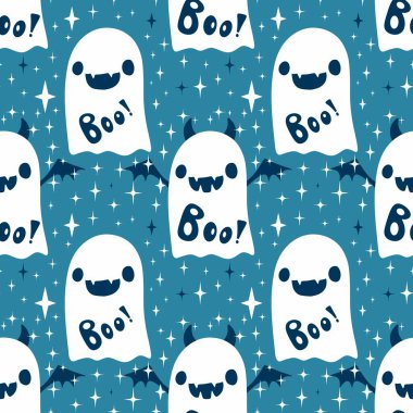 Cadılar Bayramı hayaletleri kağıt, kumaş, çarşaf ve çocuk giysileri baskısı, ambalaj ve şenlikli aksesuarlar için kusursuz çizgi film desenleri. Yüksek kaliteli illüstrasyon